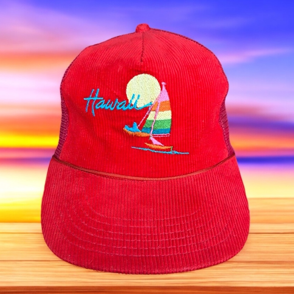 NWOT 80's Vintage Hawaii Sailboat Red Rainbow Corduroy SnapBack Trucker Hat Cap